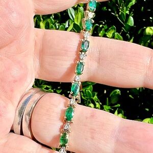 VINTAGE 10K YELLOW GOLD OVAL CUT EMERALD DIAMOND BRACELET UNIQUE LINK LRGE WRIST